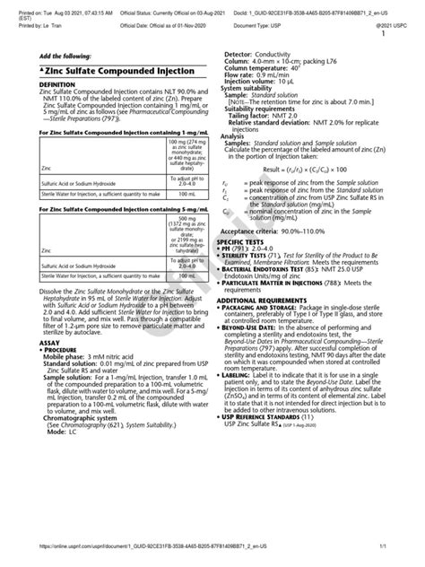 Zinc Sulfate Compounded Injection Pdf Sterilization Microbiology