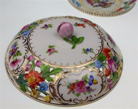 Antique 19thc Carl Thieme Dresden Floral And Gold Reticulated Compote Dish W Lid 1868858923