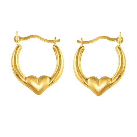 Womens 10k Yellow Gold Satin Heart Center Hoop Earrings