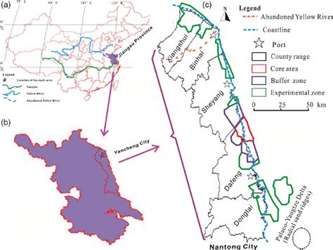 Location (a, b) and functional zones (c) of the study area. | Download ...