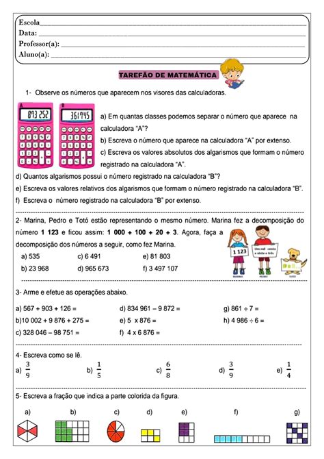 👍tarefão De Matemática 5º Ano Tarefão De Matemática Para Trabalhar No