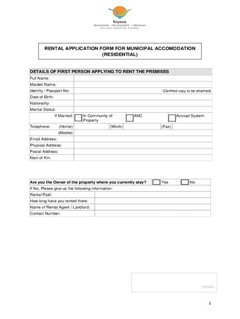 Fillable Online Rental Application Form External Pdf Knysna