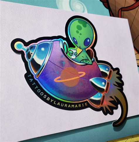 Holographic Alien Rocketship Sticker X Inch Etsy