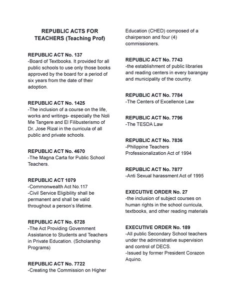 Republic ACTS FOR Teachers REPUBLIC ACTS FOR TEACHERS Teaching Prof