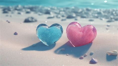 Dos Corazones En Una Playa Con La Palabra Amor En La Parte Inferior