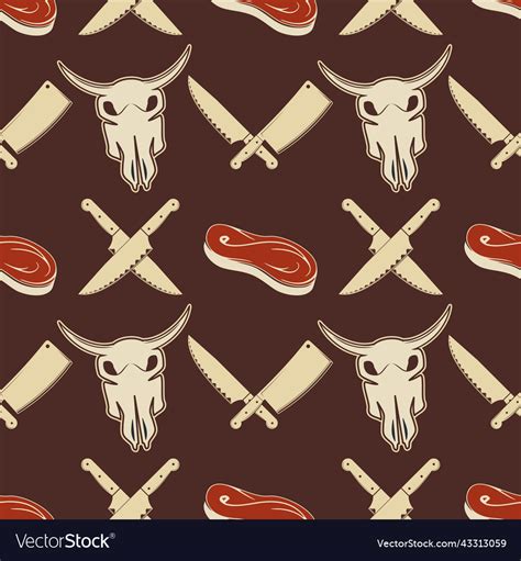 Butcher Shop Seamless Pattern With Bull Skull Vector Image