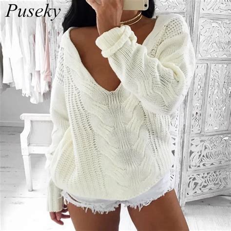 2018 Autumn White Pullover Sweater Sexy Deep V Neck Sweaters And