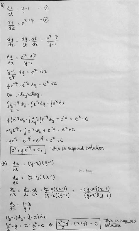 Solved Solve For The Phase Plane Equation A Dx Dt Y 1 Dy Dx E X Y