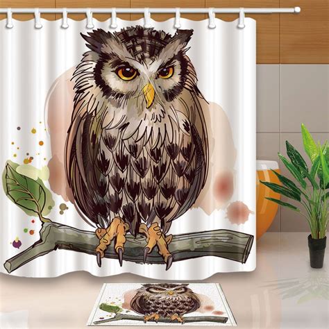 Birds Owl On Branch Waterproof Polyester Fabric Shower Curtain Set With