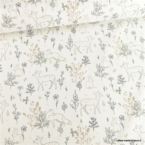 Tissu Coton Larvik Motifs Animaux Et Arbres Fond Blanc Oeko Tex