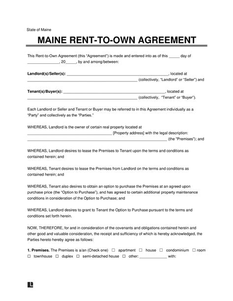 Free Maine Rent To Own Lease Agreement Template Pdf Word