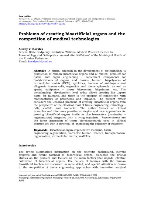 PDF Problems Of Creating Bioartificial Organs And The Competition Of