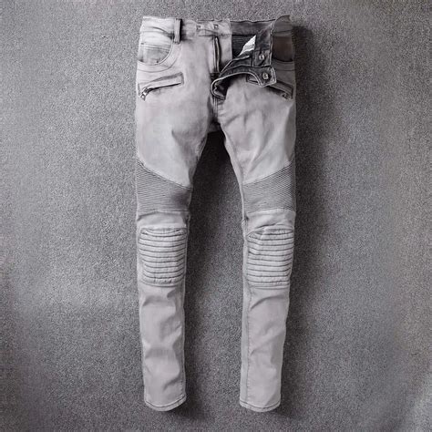 Mens Ripped Moto Jean Trousers Streetwear Pleated Grey Biker Jeans