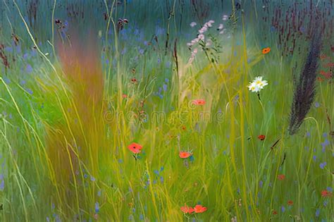 Meadow With Mix Of Colorful Wildflowers And Tall Grasses Stock