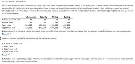 Solved Support Activity Cost Allocation Jakes Gems Mines