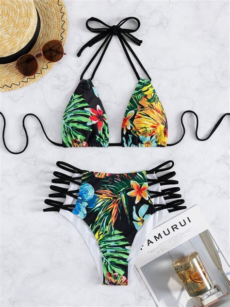 Random Tropical Print Bikini Set Halter Triangle Bra Top Cross Cut