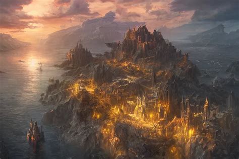 High Aerial Shot Fantasy Landscape Sunset Lighting Stable Diffusion