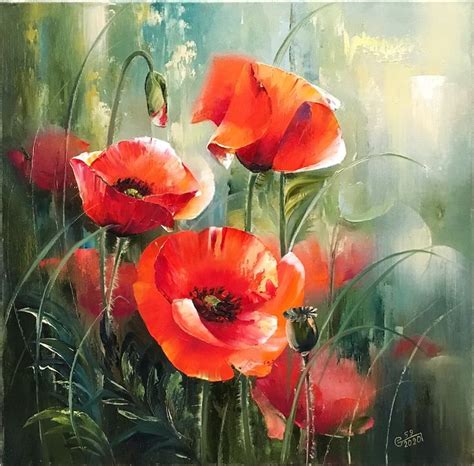 Red Poppy Painting Landscape Original Meadow Painting Poppy Flower