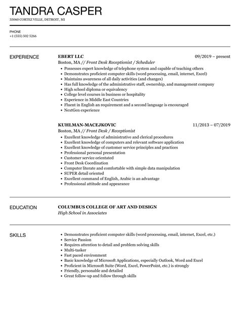 Front Desk Receptionist Resume Samples Velvet Jobs