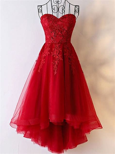 Red High Low Strapless Lace Tulle Prom Dresses Red Lace Formal Evening