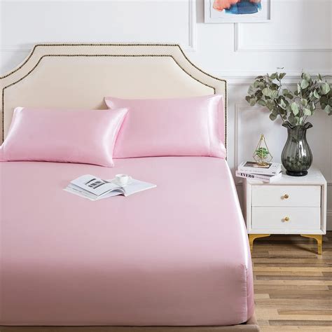 Nsgz Pink Satin Fitted Sheet Only Silky Full Fitted Bed