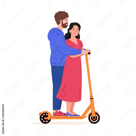 Couple Rides Together On A Electric Walk Scooter Man And Woman Driving