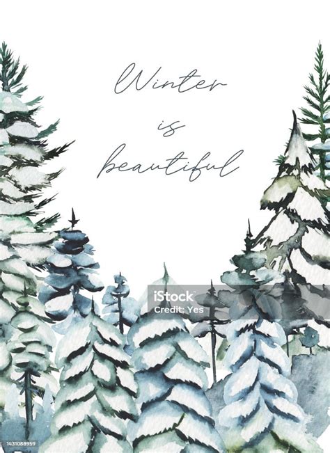 Card Template With Watercolor Snowy Pine Trees And Firs Winter Forest Background Hand Drawn On