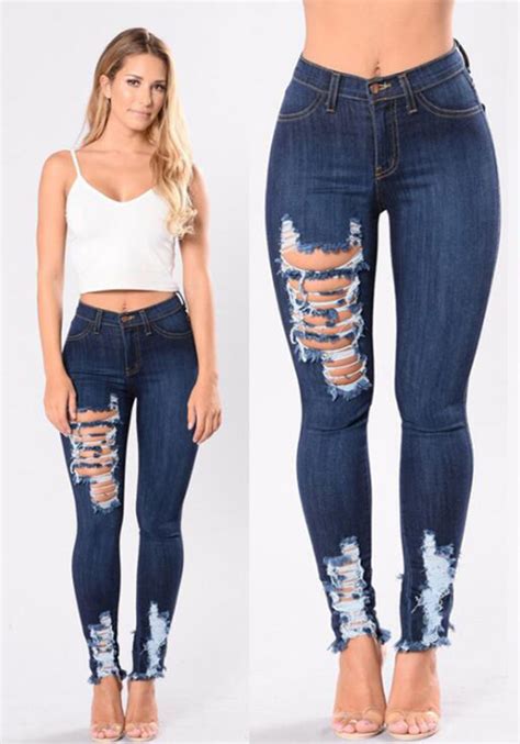 Dark Blue Zipper High Waisted Ripped Destroyed Skinny Long Jeans