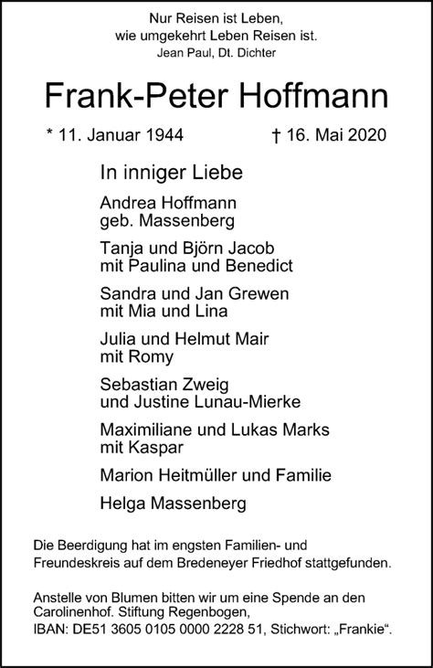 Traueranzeigen Von Frank Peter Hoffmann Trauer In NRW De