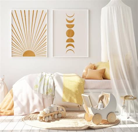 Sonne Und Mond Phasen Art Print Boho Dekor 2er Set Gelb Und Beige Mid