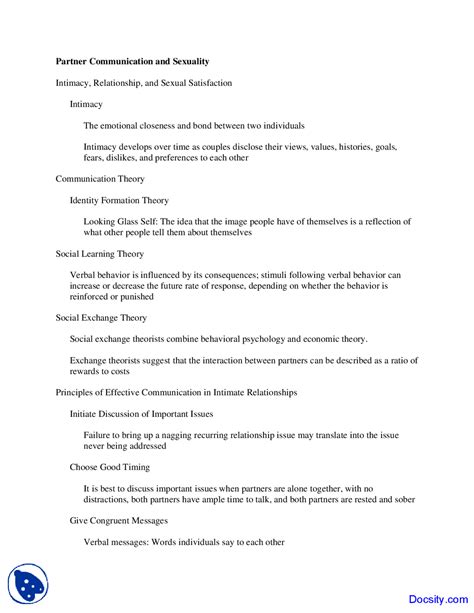 Partner Communication And Sexuality Psychiatry Of Sex Handouts Docsity