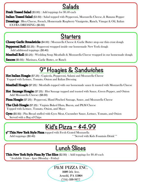 Menu at P&M Pizza pizzeria, Arnold