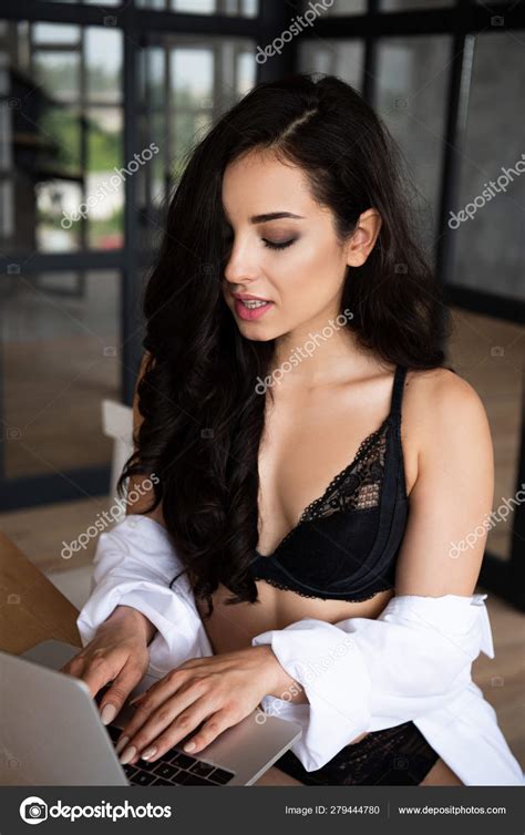 Sexy Girl Black Underwear White Shirt Using Laptop Closed Eyes — Stock