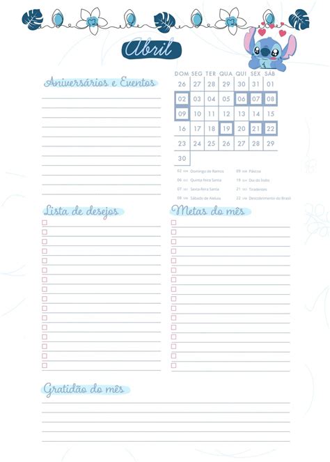 Planner Stitch Agenda Abril Fazendo A Nossa Festa