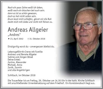 Traueranzeigen Von Andreas Allgeier Schwarzw Lder Bote Trauer