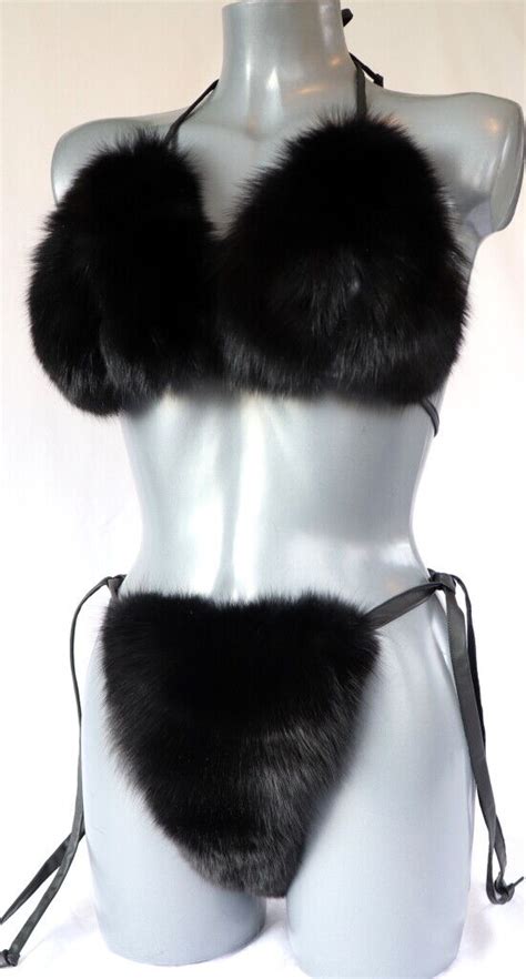 Pelz Bikini Blaufuchs Fell Tlg Set Bh String Slip Leder Offen Schn Re