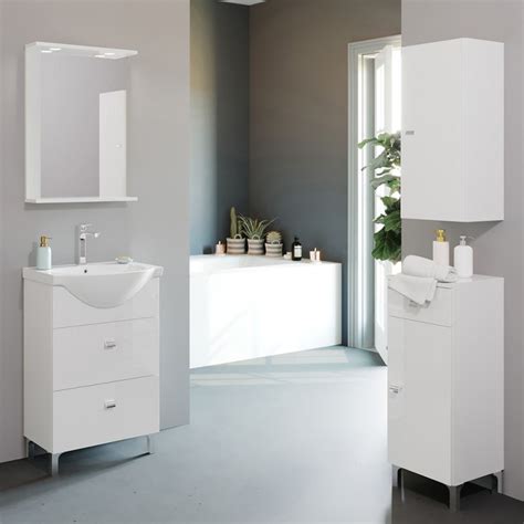 Mobile Bagno A Terra 55 Cm Creta Bianco Lucido Completo Di Specchio