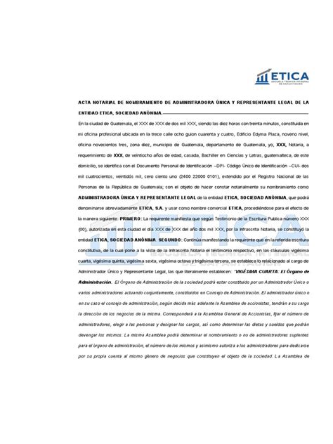 Acta De Nombramiento Representante Legal Pdf Gobierno