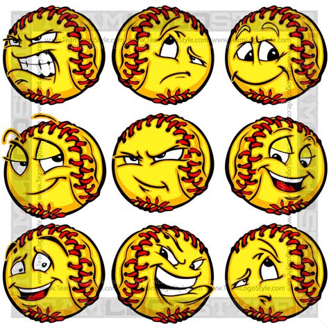 Happy Softball - Vector Clipart Softballs with Crazy Faces