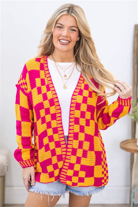 Pink And Orange Checkerboard Knitted Cardigan · Filly Flair