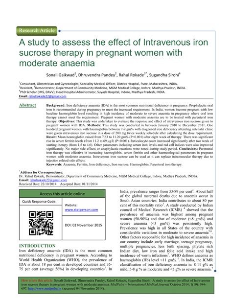 Pdf A Study To Assess The Effect Of Intravenous Iron Sucrose Therapy