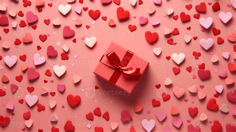 Valentine S Day Red Background With Red Hearts And Pink Hearts Paper With T Box Top View Lay