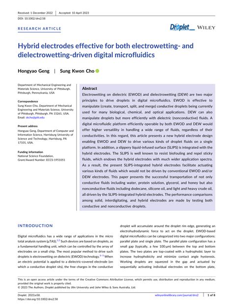 Pdf Hybrid Electrodes Effective For Both Electrowetting‐ And