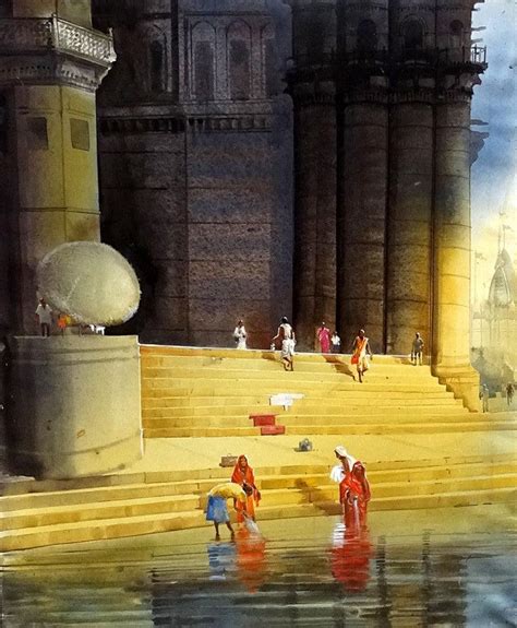 "Varanasi Ghat Ii": Yellow Acrylic Painting by Bhuwan Silhare | ArtZolo.com