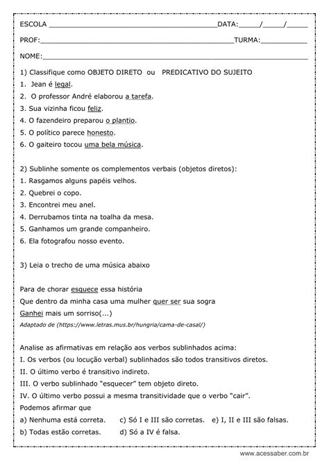 14 Atividades Sobre Sujeito E Predicado Para O 7 Ano Com Gabarito Themelower