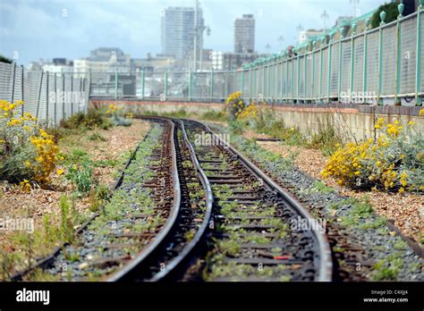 Empty Rail Tracks For The Volks Railway Running Along Brighton Seafront