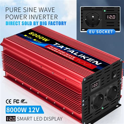 TATALIKEN Pure Sine Wave Inverter DC 12V 24V To AC 220V EU Socket 1600W