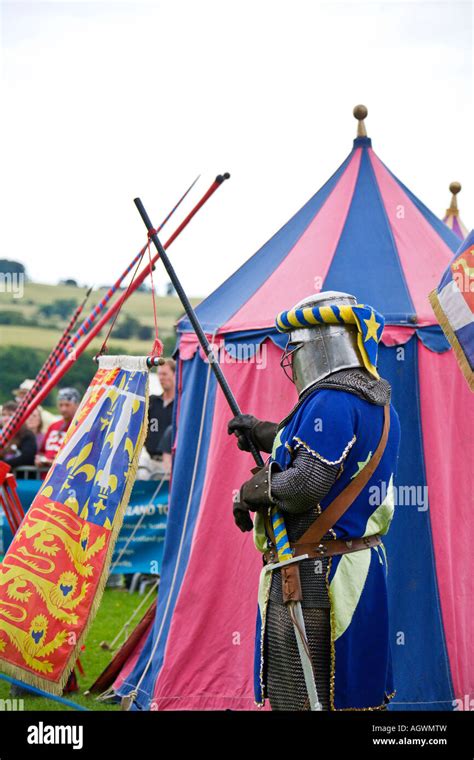 Medieval Knight Holding Lance During Reenactment Tournament Stock Photo