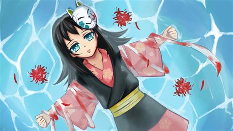 Demon Slayer Makomo Having Mask With Background Of Blue Asbstract And Red Flowers Hd Anime