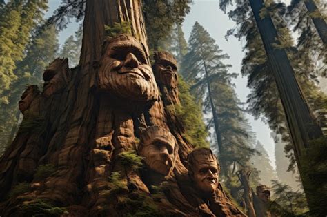 Premium Photo The Enigmatic Faces Masked On Sequoia Trees Natures